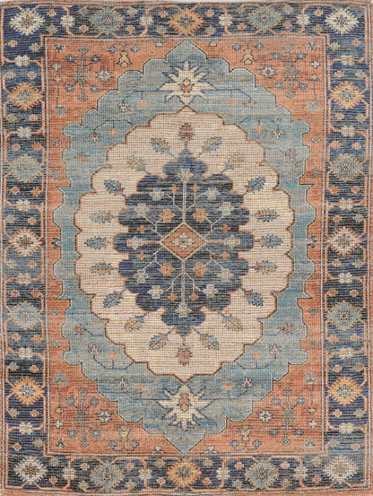8' X 10' Blue Orange And Black Medallion Hand Woven Distressed Area Rug