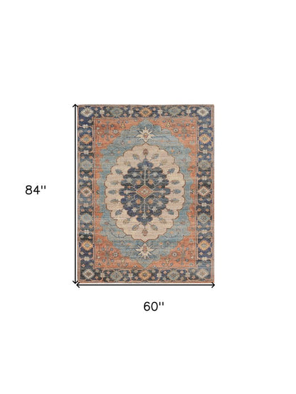 8' X 10' Blue Orange And Black Medallion Hand Woven Distressed Area Rug