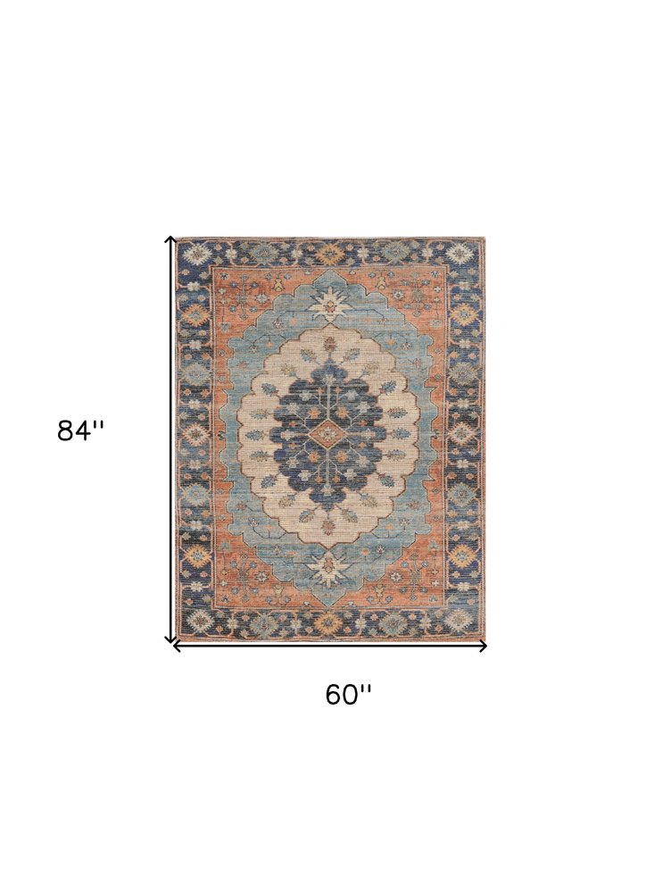 8' X 10' Blue Orange And Black Medallion Hand Woven Distressed Area Rug