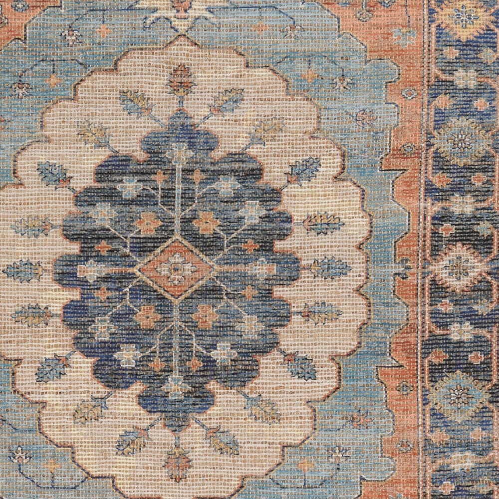 8' X 10' Blue Orange And Black Medallion Hand Woven Distressed Area Rug