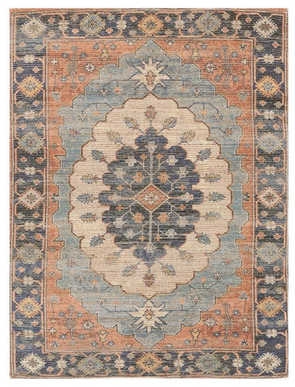 8' X 10' Blue Orange And Black Medallion Hand Woven Distressed Area Rug