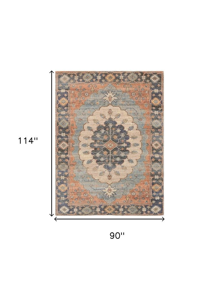 8' X 10' Blue Orange And Black Medallion Hand Woven Distressed Area Rug