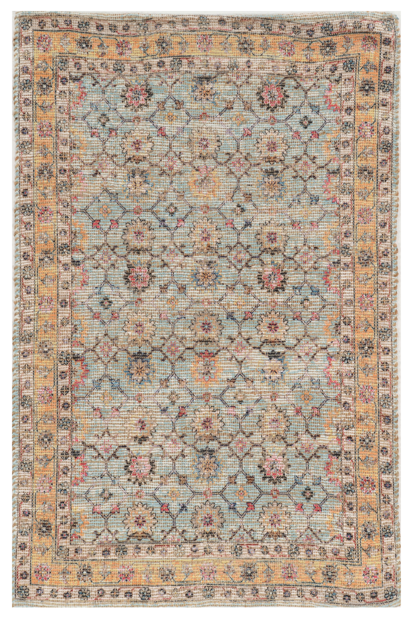2' X 4' Blue and Orange Floral Hand Woven Area Rug