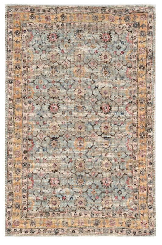 2' X 4' Blue And Beige Jute Floral Hand Woven Area Rug