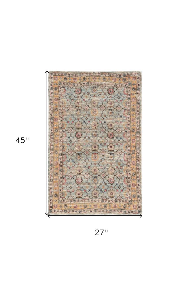2' X 4' Blue And Beige Jute Floral Hand Woven Area Rug