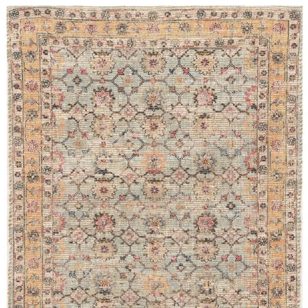 2' X 4' Blue And Beige Jute Floral Hand Woven Area Rug