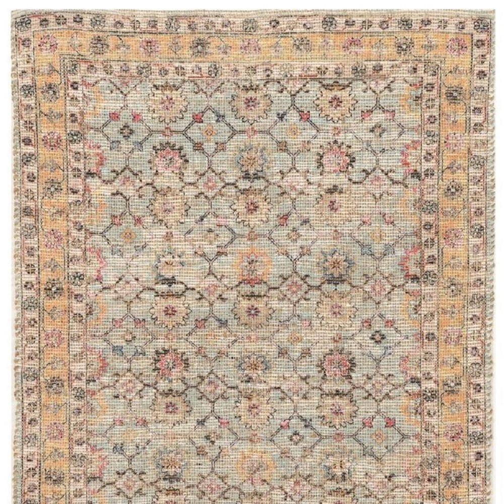 9' X 12' Blue And Beige Jute Floral Hand Woven Area Rug