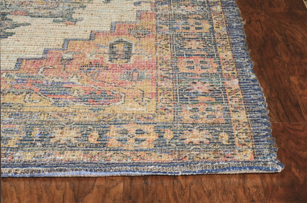 9' X 12' Blue Brick Red And Brown Jute Medallion Hand Woven Area Rug