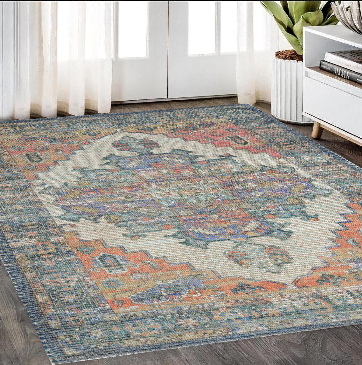 5' X 7' Orange Medallion Hand Woven Distressed Area Rug