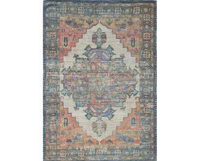 9' X 12' Blue Brick Red And Brown Jute Medallion Hand Woven Area Rug