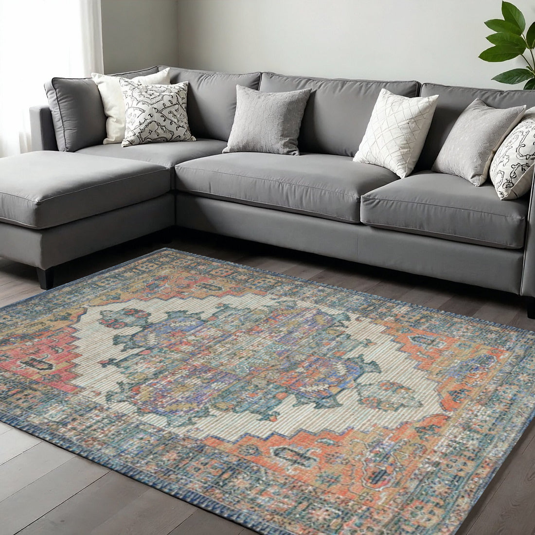 9' X 12' Blue Brick Red And Brown Jute Medallion Hand Woven Area Rug