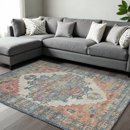 9' X 12' Blue Brick Red And Brown Jute Medallion Hand Woven Area Rug