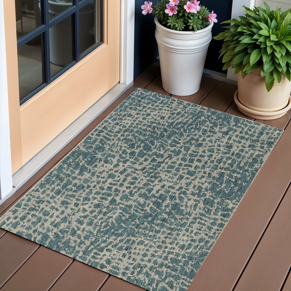 8' Teal Blue Abstract Indoor Outdoor Area Rug