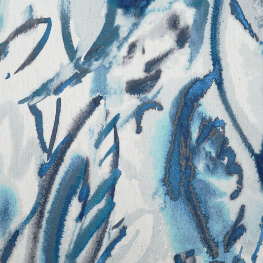 Blue and white abstract watercolor fabric pattern with flowing strokes; lightweight textile for scarves or garments.