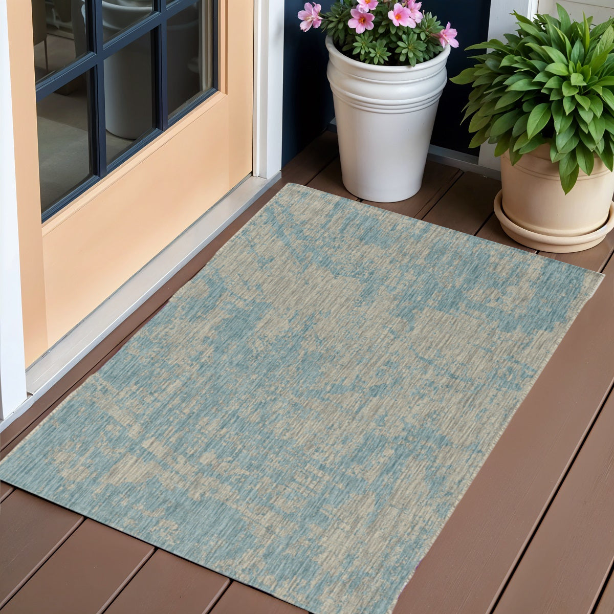 3' X 5' Teal Blue Abstract Indoor Outdoor Area Rug