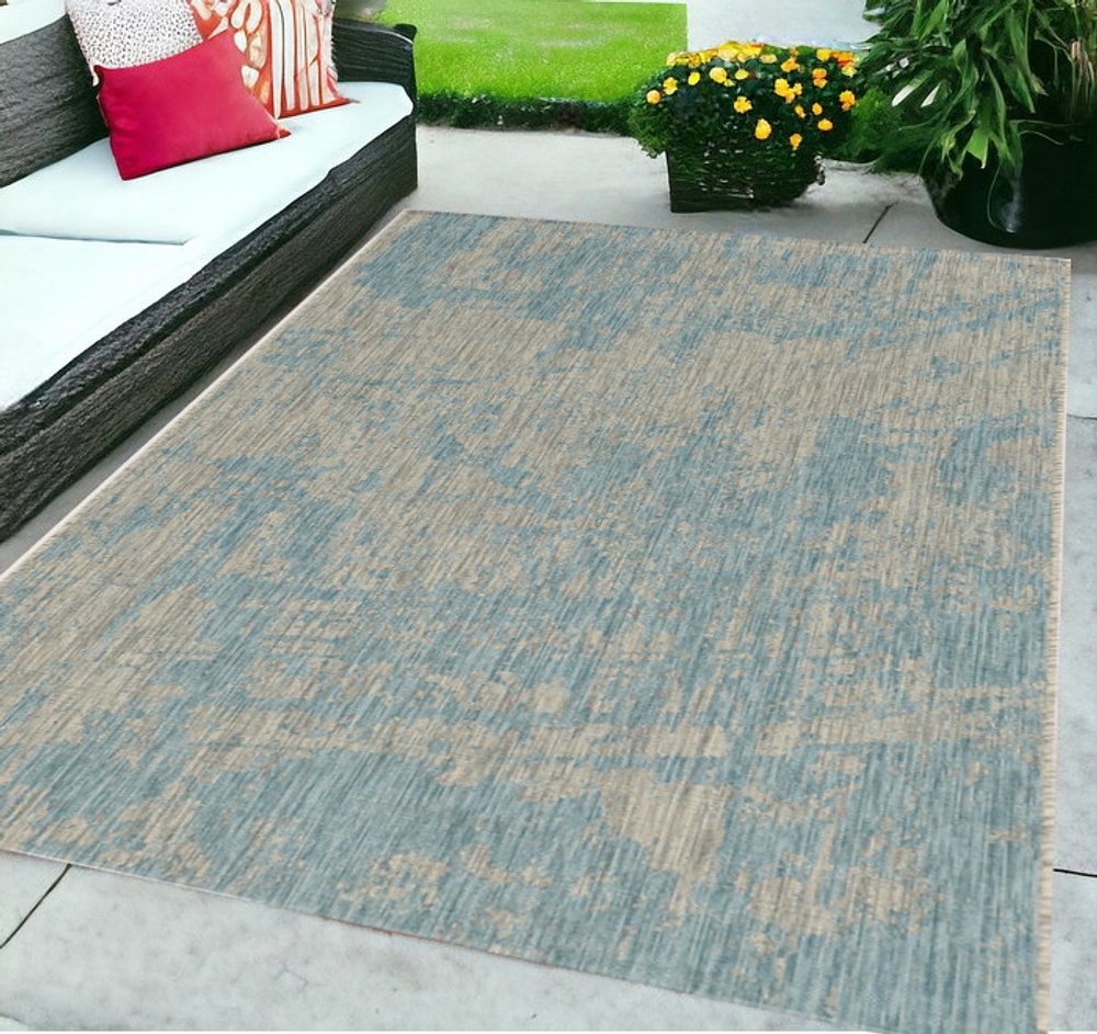 8' X 11' Teal Blue Abstract Indoor Outdoor Area Rug