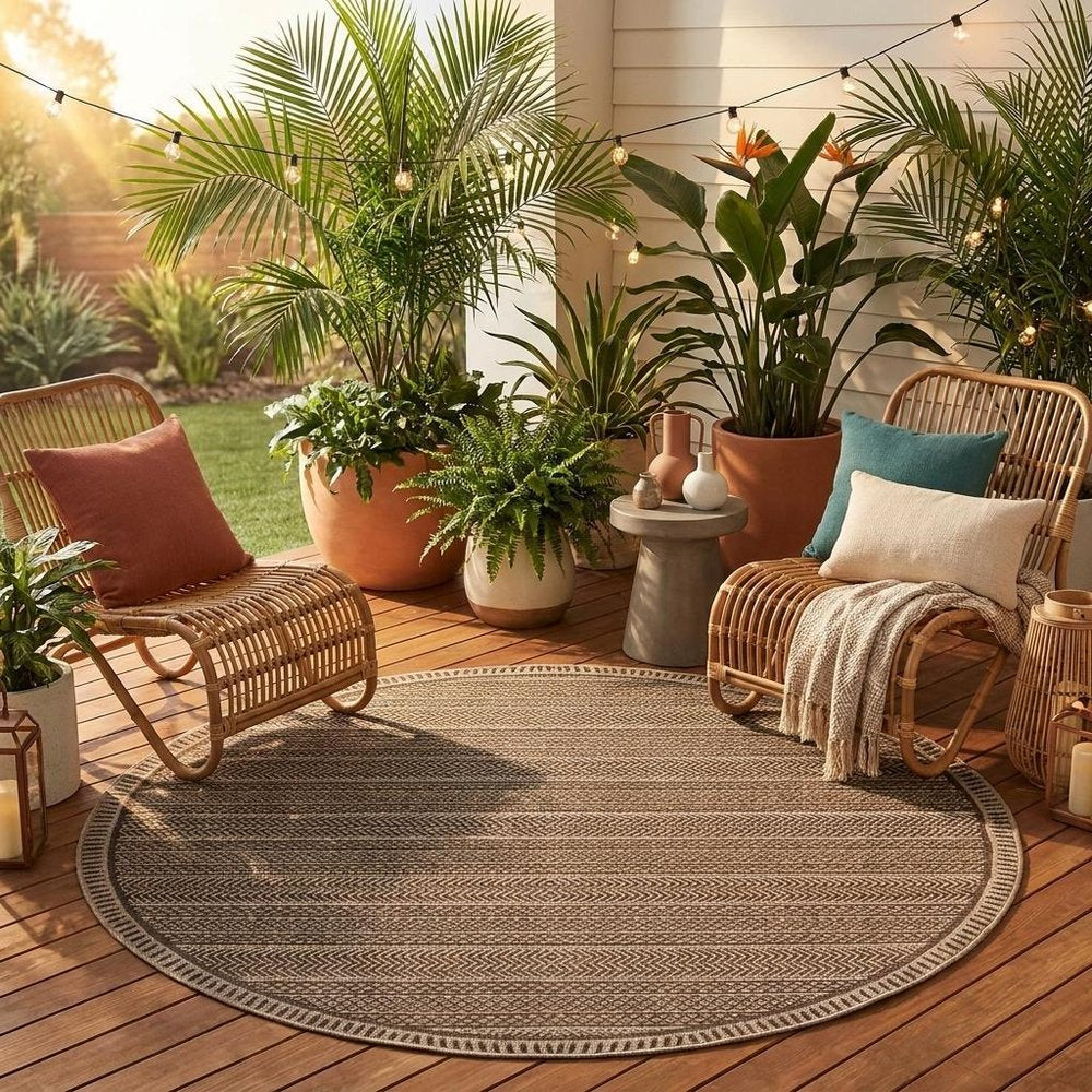 8' Brown Round Southwestern Indoor Outdoor Area Rug