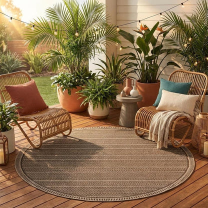 8' Brown Round Southwestern Indoor Outdoor Area Rug