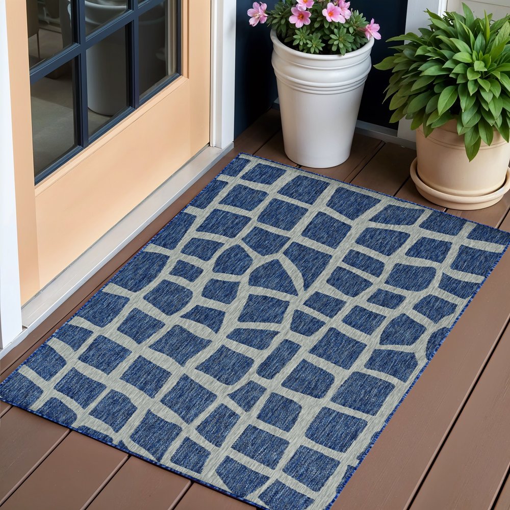 8' X 11' Blue And Gray Abstract Indoor Outdoor Area Rug