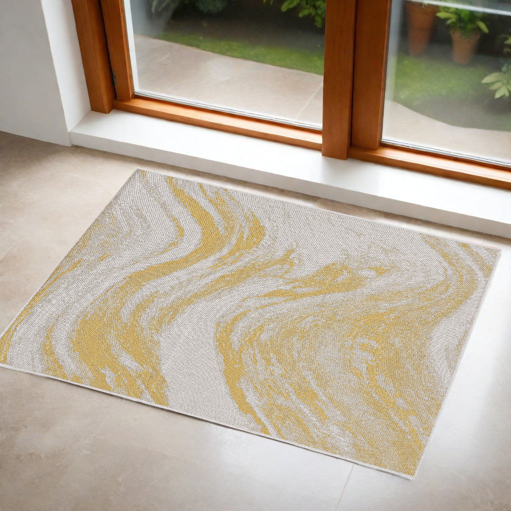 8' X 11' Ivory Or Gold Abstract Brushstrokes Indoor Area Rug