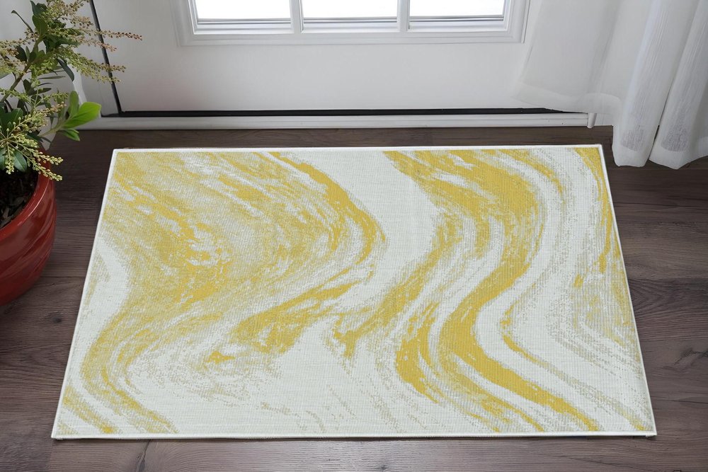 3' X 4' Gold and Ivory Abstract Area Rug
