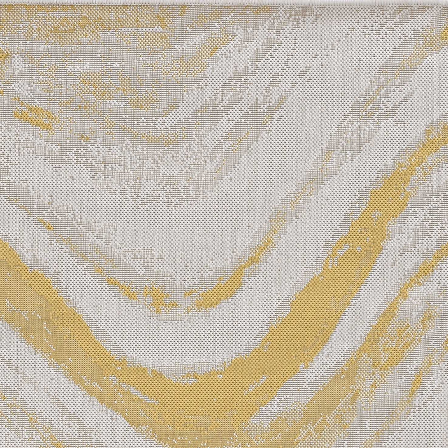 5'X7' Ivory Gold Machine Woven Uv Treated Abstract Waves Indoor Outdoor Area Rug