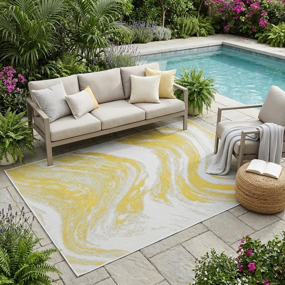 5' X 8' Gold And Ivory Abstract Indoor Outdoor Area Rug