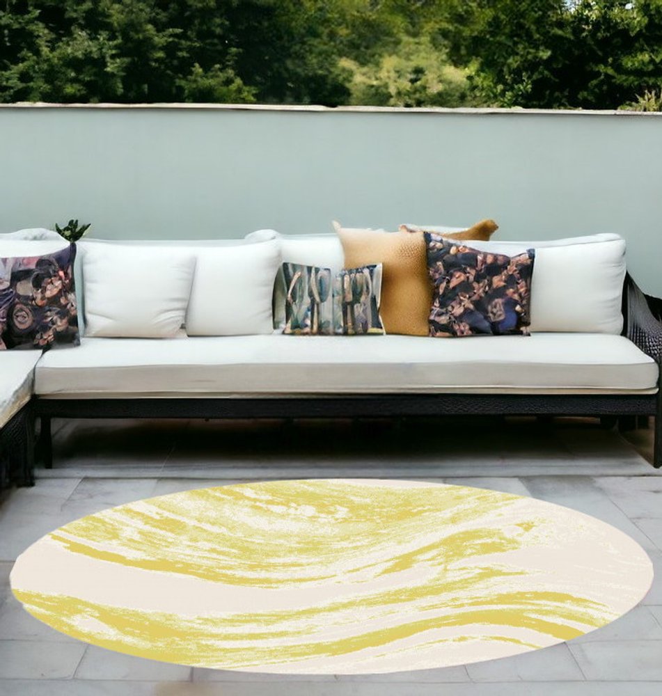 8' Gold And Ivory Abstract Indoor Outdoor Area Rug
