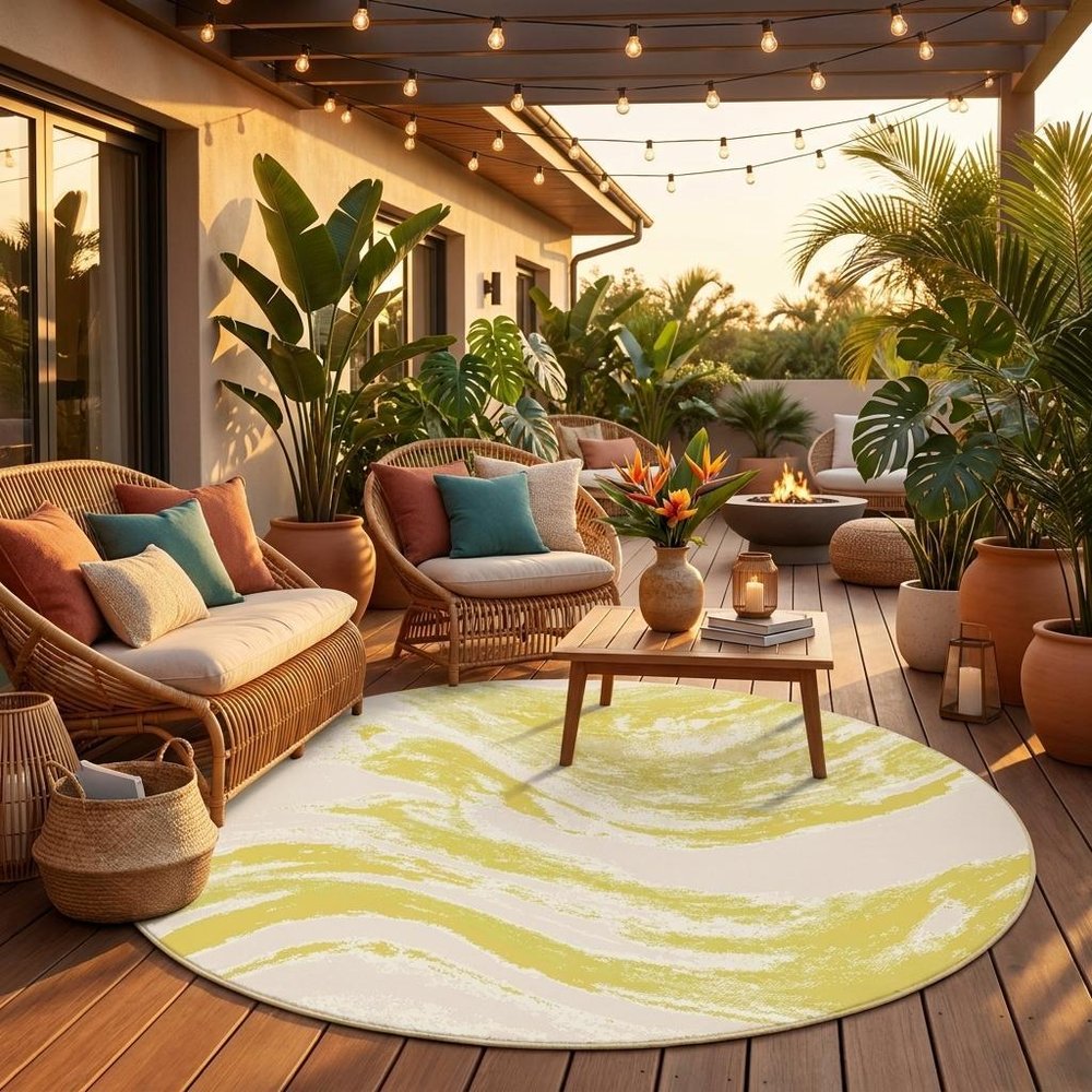 5' X 8' Gold And Ivory Abstract Indoor Outdoor Area Rug