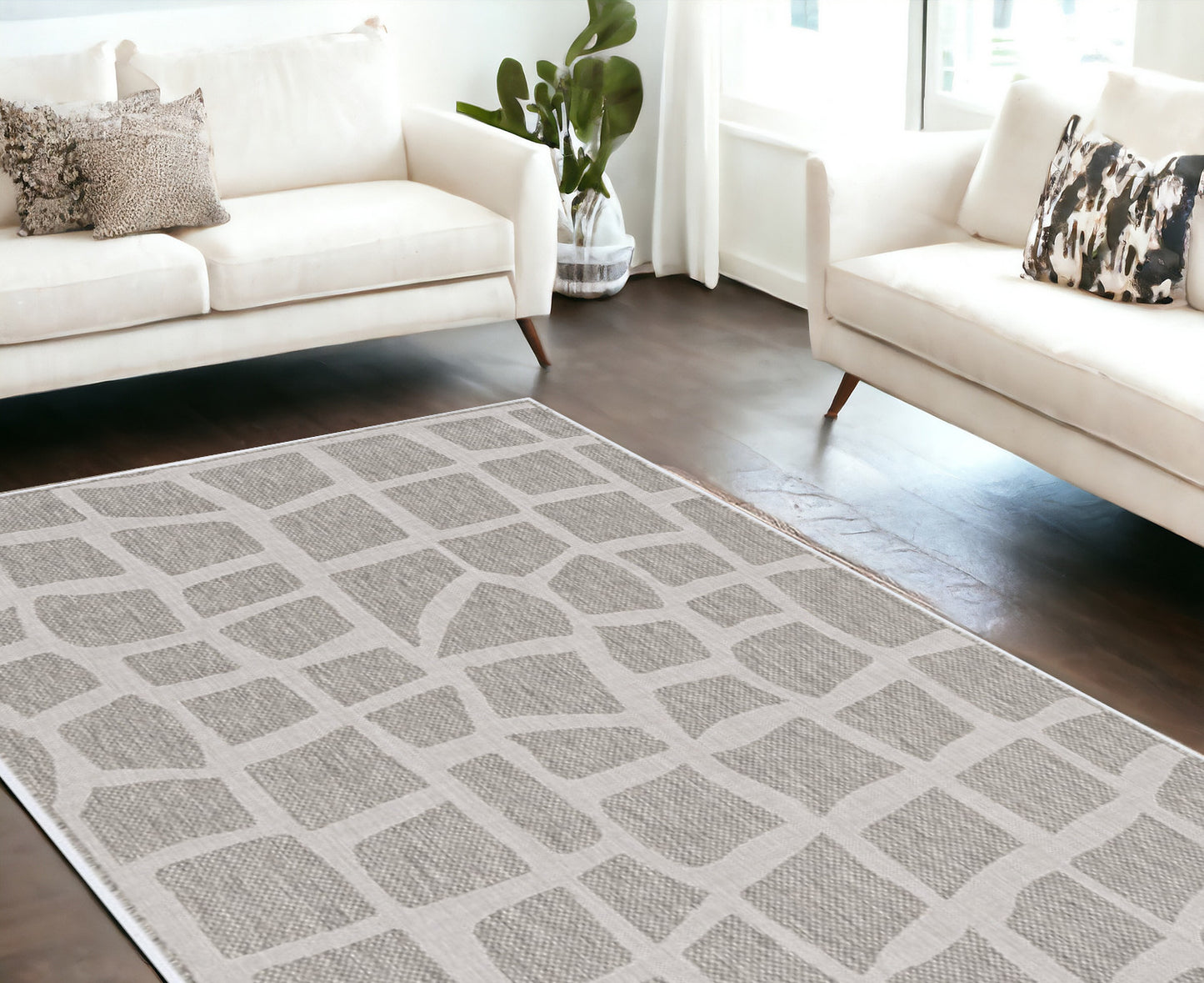 8' X 11' Ivory Or Grey Abstract Tiles Indoor Area Rug