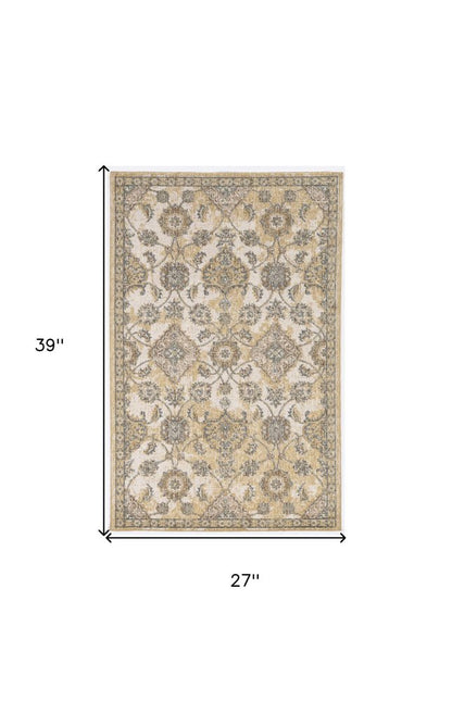 7' Ivory Beige And Gray Wool Floral Medallion Runner Rug