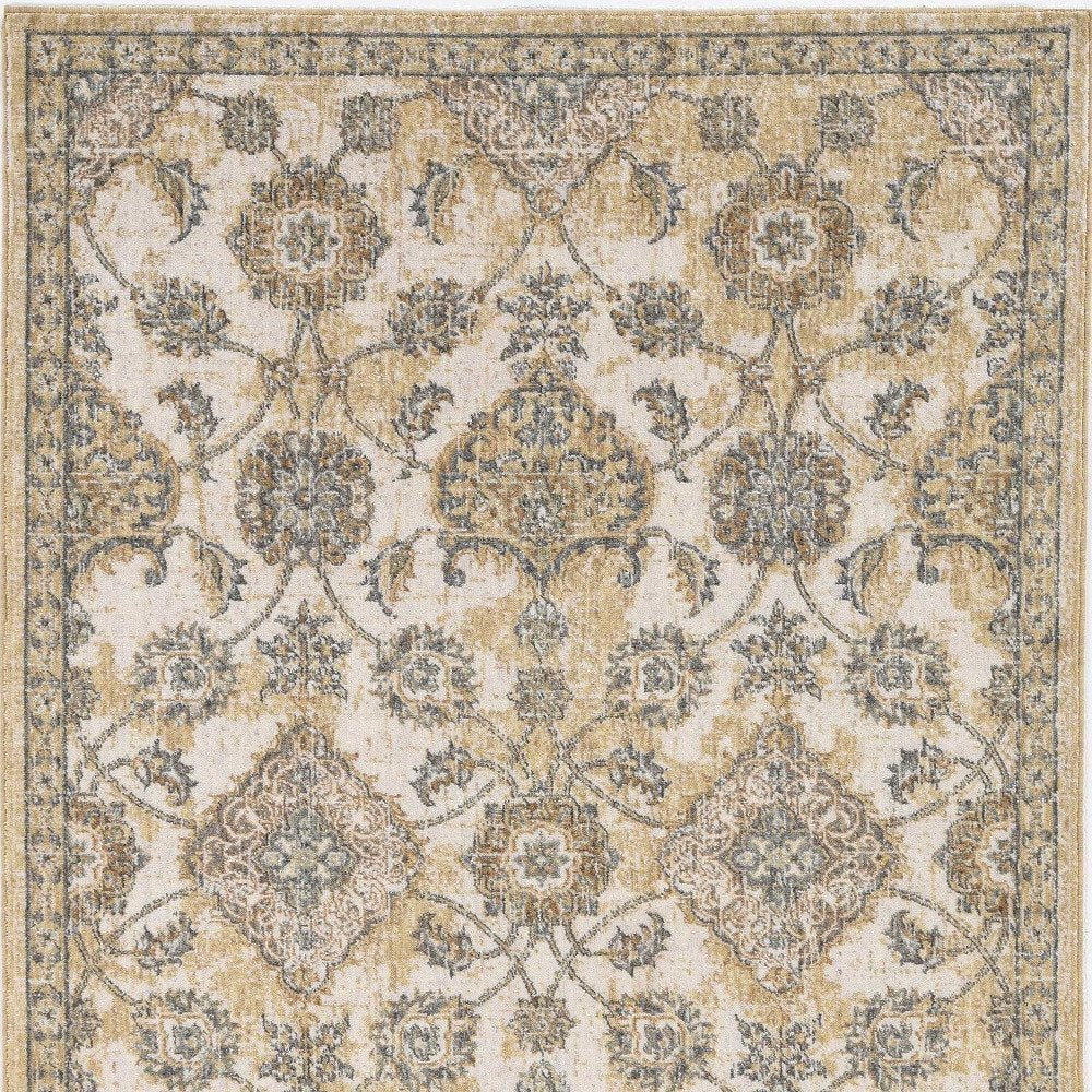 7' Ivory Beige And Gray Wool Floral Medallion Runner Rug