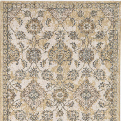 7' Ivory Beige And Gray Wool Floral Medallion Runner Rug