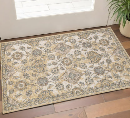 7' Ivory Beige And Gray Wool Floral Medallion Runner Rug