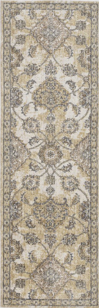 7' Ivory Beige And Gray Wool Floral Medallion Runner Rug