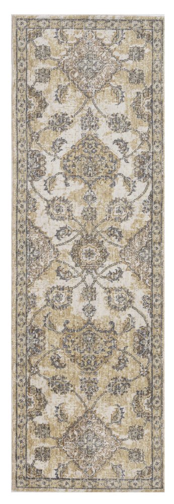 7' Ivory Beige And Gray Wool Floral Medallion Runner Rug