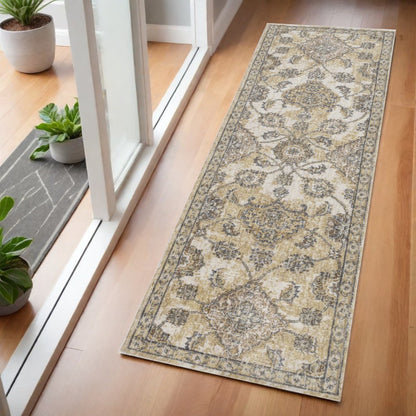 7' Ivory Beige And Gray Wool Floral Medallion Runner Rug