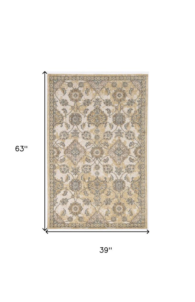 3' X 5' Ivory Beige And Gray Wool Floral Medallion Area Rug