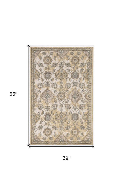 3' X 5' Ivory Beige And Gray Wool Floral Medallion Area Rug