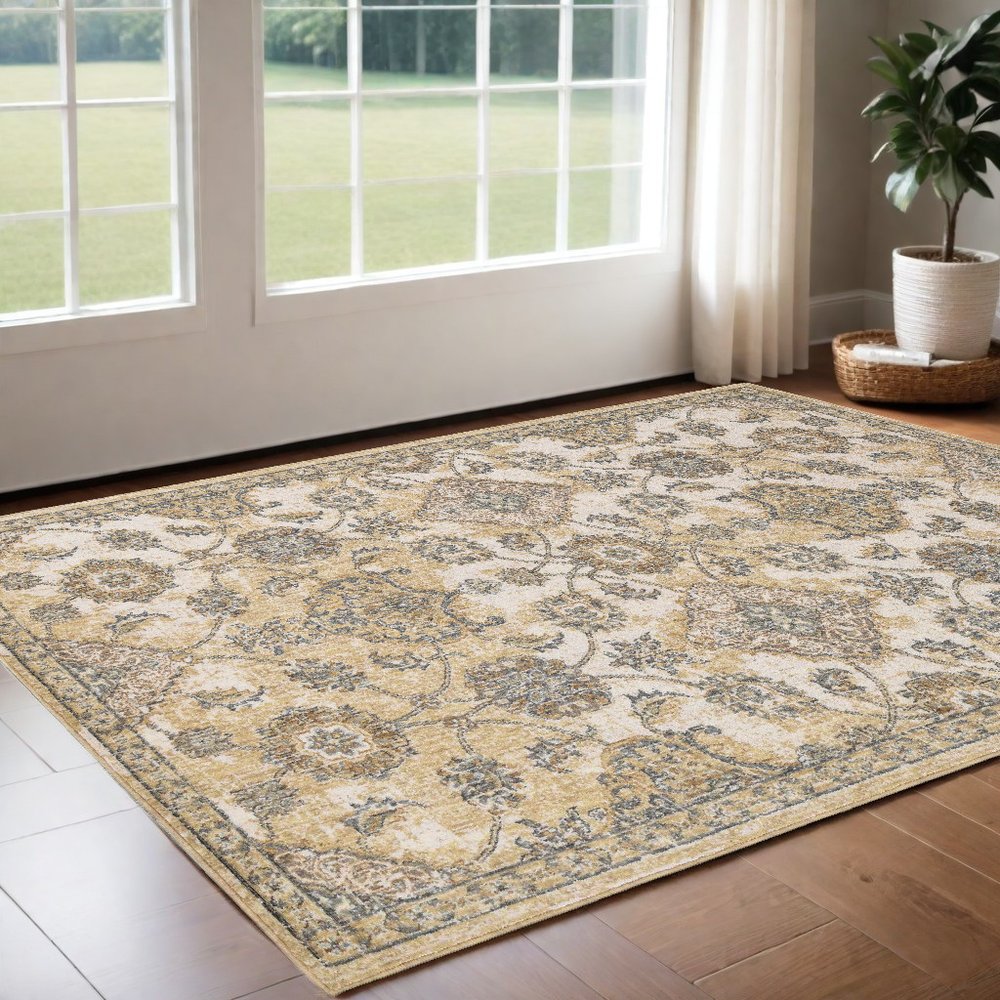 7' Ivory Beige And Gray Wool Floral Medallion Runner Rug