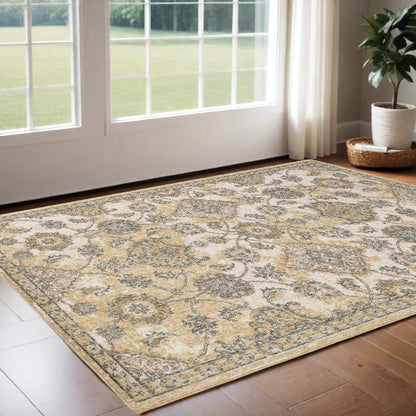 7' Ivory Beige And Gray Wool Floral Medallion Runner Rug