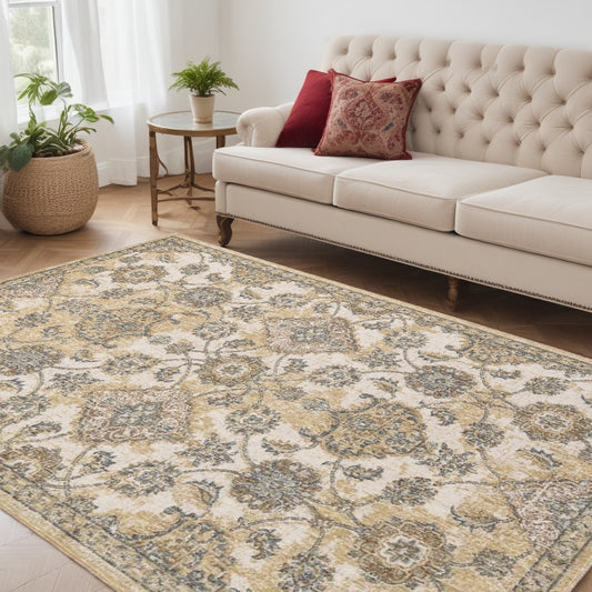 8' X 11' Ivory Sand Machine Woven Bordered Floral Vines Indoor Area Rug