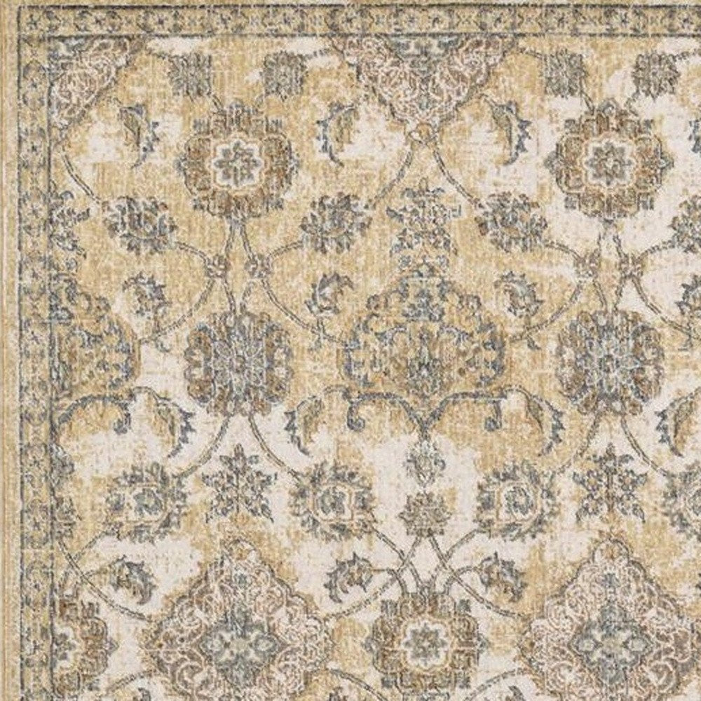 7' Ivory Beige And Gray Wool Floral Medallion Runner Rug