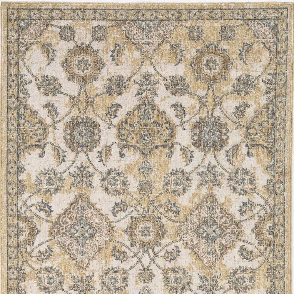7' Ivory Beige And Gray Wool Floral Medallion Runner Rug