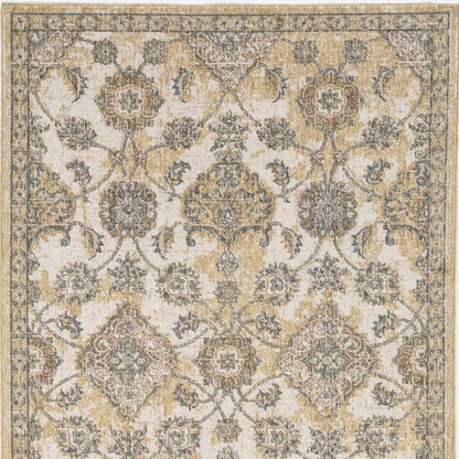 7' Ivory Beige And Gray Wool Floral Medallion Runner Rug