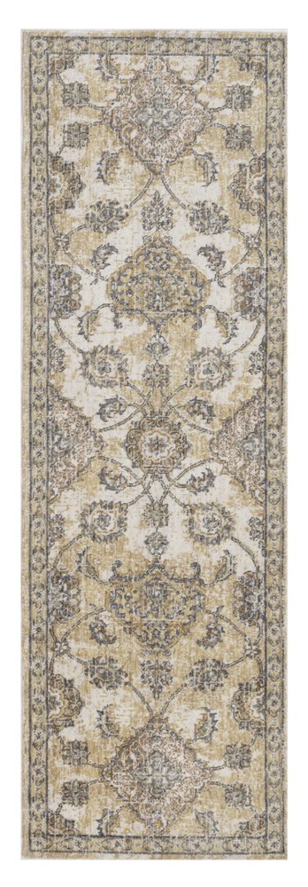 7' Ivory Beige And Gray Wool Floral Medallion Runner Rug