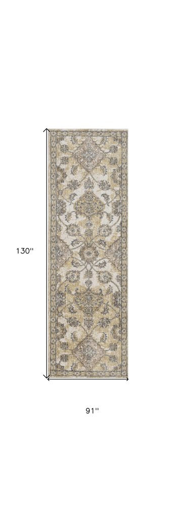 7' Ivory Beige And Gray Wool Floral Medallion Runner Rug