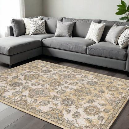 7' Ivory Beige And Gray Wool Floral Medallion Runner Rug