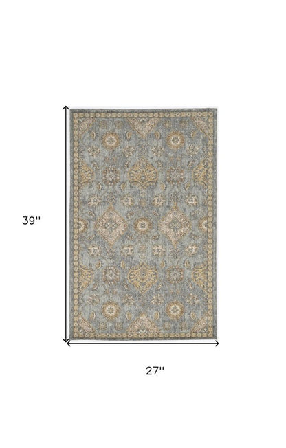 2' X 3' Sage Orange And Gray Wool Floral Distressed Area Rug