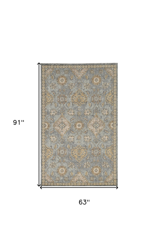 3' X 5' Sage Green Floral Vine Bordered Wool Indoor Area Rug